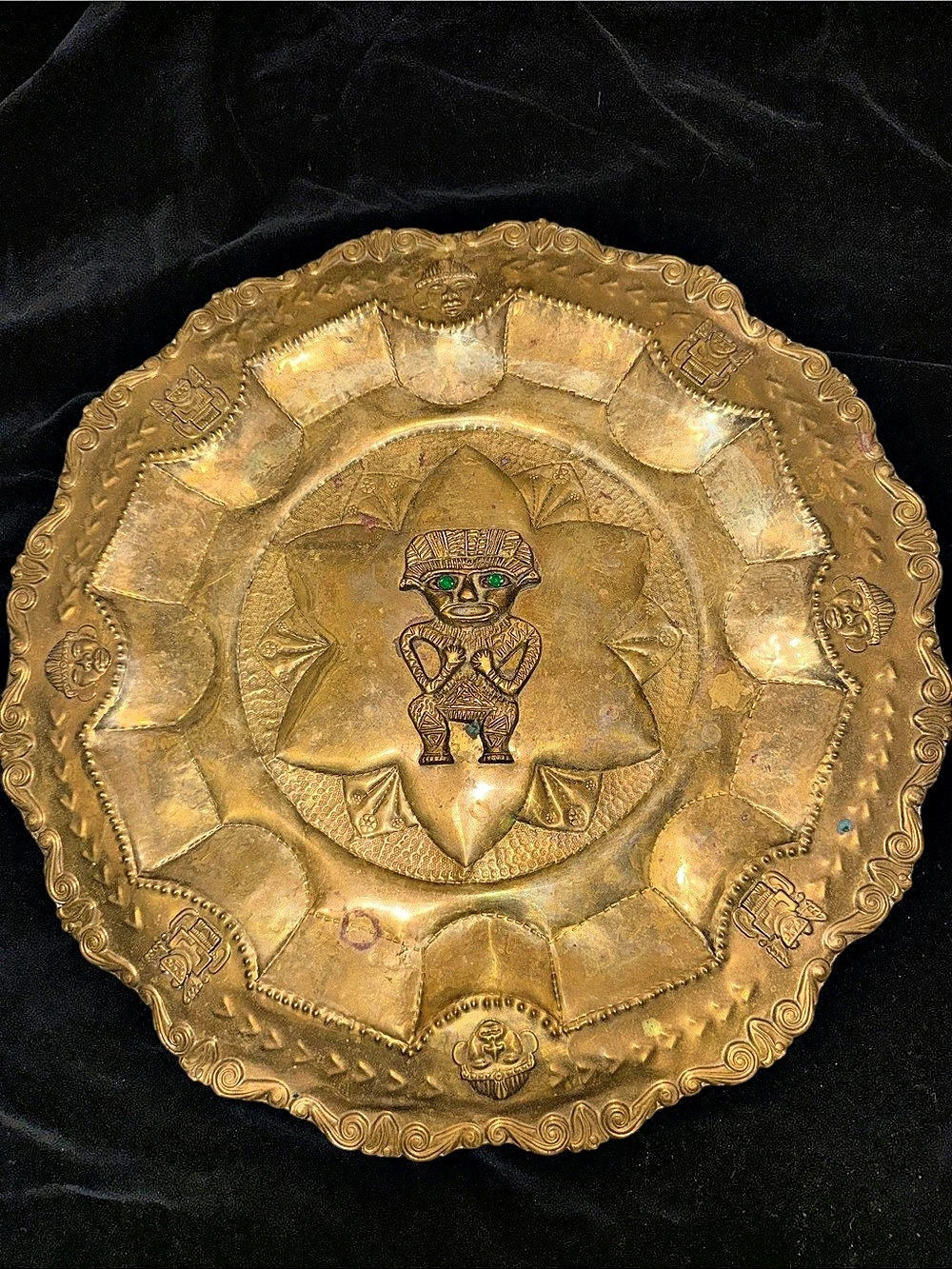 Vintage 16" Hammered Brass Peruvian Inca Wall Plate Charger